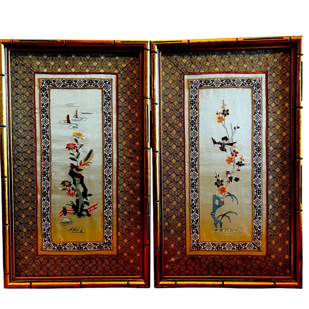 Asian Silk Embroidered Framed Art Ornate, Decor, Birds, Flowers, Spring